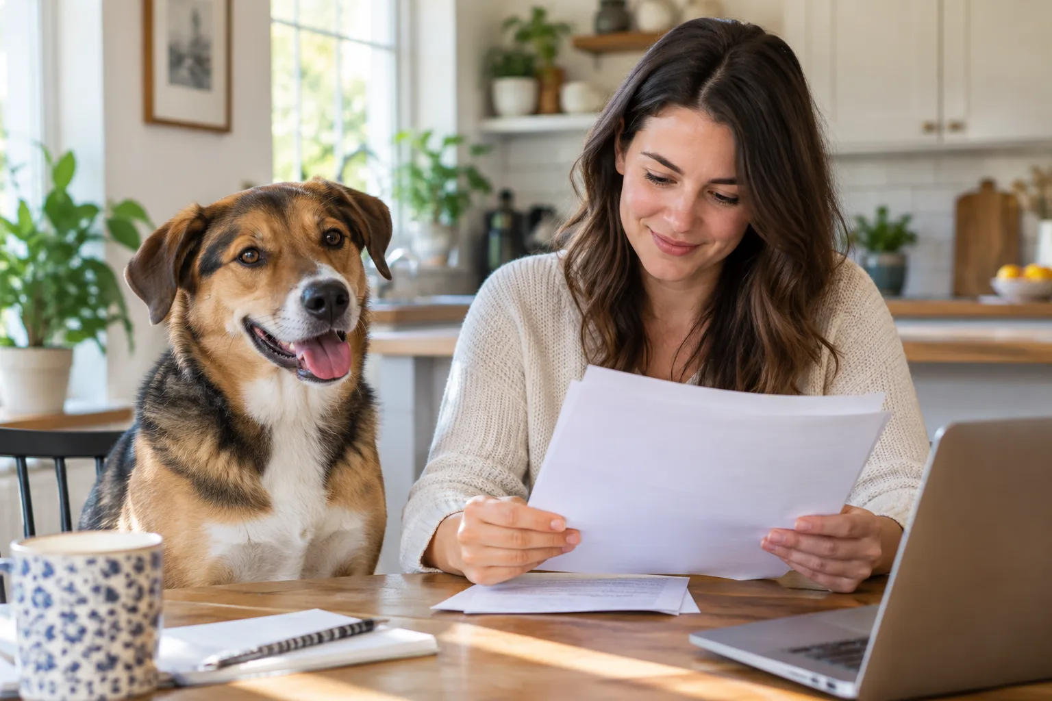 Owner reviewing a document beside a mixed-breed dog