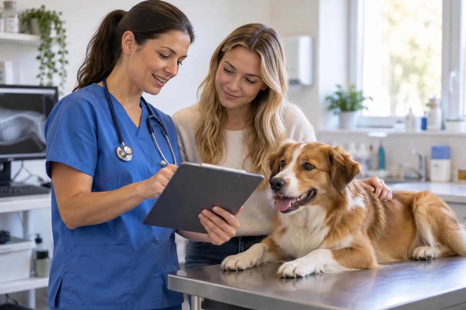 Veterinary professional showing a tablet to a dog owner at a clinic